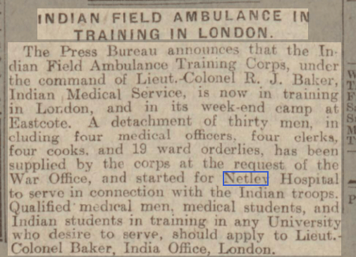 Dundee Courier 21/10/1914 Indian Field Ambulance Corps at Netley Hospital