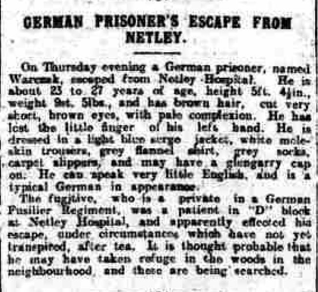 Hampshire Advertiser 23/09/1914 German POW Escapes from Netley Hospital