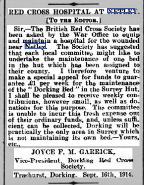 Dorking + Leatherhead Advertiser 19/09/1914 Red Cross Hospital at Netley 1914