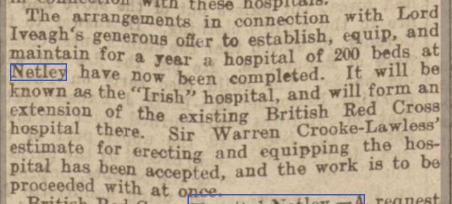 Tamworth Herald 26/12/1914 Irish Hospital - extension of British Red Cross at Netley