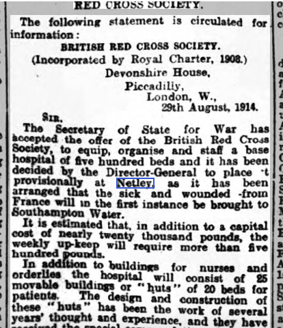 Staffordshire Sentinel 18/09/1914 Red Cross Society Hospital at Netley