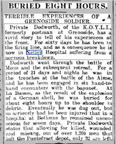 Sheffield Independent 10/12/1914 Private Dodworth in Netley Hospital