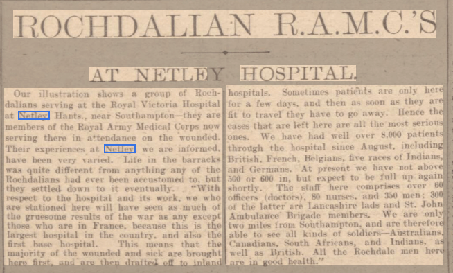 Rochdale Observer 27/02/1915 Rochdale RAMC at Netley in 1915