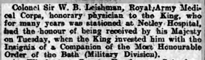 Was Assistant Professor of pathology at Netley Colonel Sir W B Leishman, late of Netley Hospital