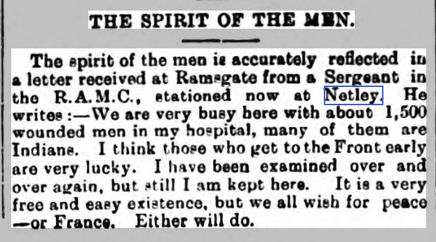 Thanet Advertiser 06/02/1915 Netley Hospital, near Southampton