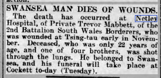 Western Mail 09/03/1915 Pte Trevor Mabbett at Netley Hospital