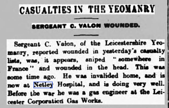 Leicester Daily Post 11/03/1915 Sgt C Valon at Netley Hospital 1915