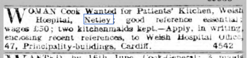 Cook needed at Welsh Hospital, Netley