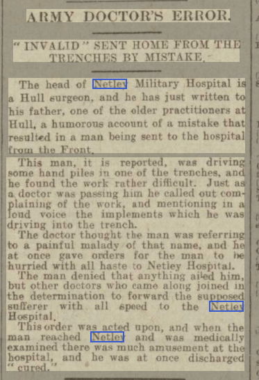 Soldier sent to Netley Hospital in error