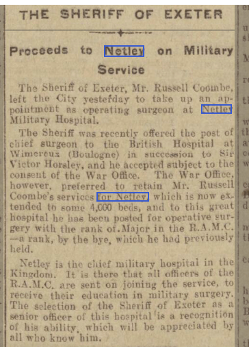 Western Times 16/04/1915 Sheriff of Exeter working at Netley Hospital