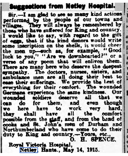 Newcastle Daily Chronicle 17/05/1915 Egg-y stories at Netley Hospital