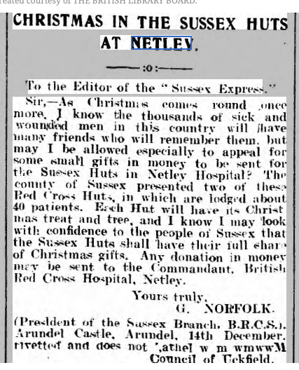 Appeal for funds for Sussex Huts at Netley Hospital