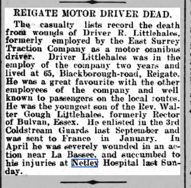 Driver Littlehales at Netley Hospital 1915