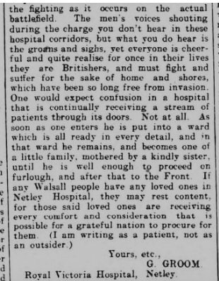 Walsall Observer + South Staffordshire Chronicle 23/01/1915 Private Groome's View of Netley Hospital in 1915