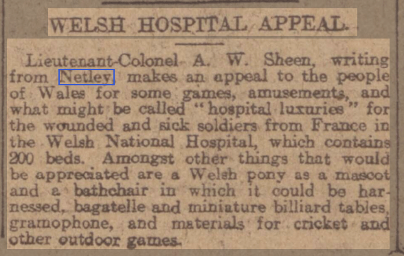 Liverpool Echo 23/04/1915 Welsh Hospital, Netley appeals for donations