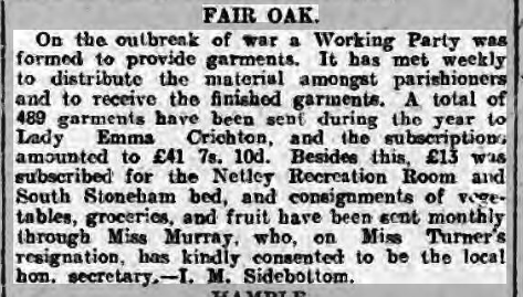 Fair Oak's Contributions to Red Cross Hospital, Netley
