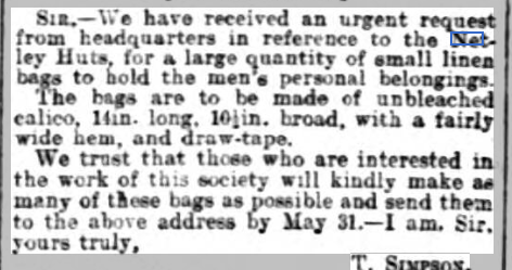 Linen Bags needed for Netley Hospital