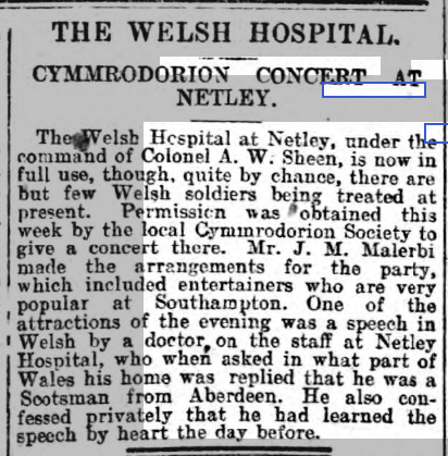 My Welsh accent is hopeless Cymmrodorion Concert at Welsh Hospital, Netley