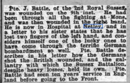 Kent + Sussex Courier 28/05/1915 Pte Battle at Netley Hospital in 1915