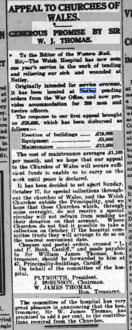 Appeal to Welsh Churches for funds to Welsh Hospital