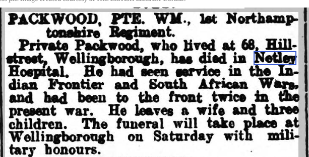 Pte Packwood at Netley Hospital 1916