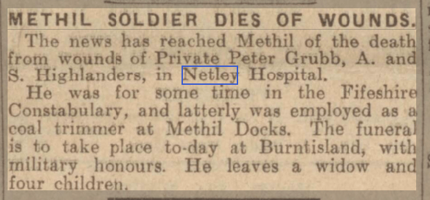 Methil Soldier dies of wounds at Netley Hospital