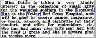 Miss Cottie's plea for Droxford Hut at Red cross Hospital Netley 1916
