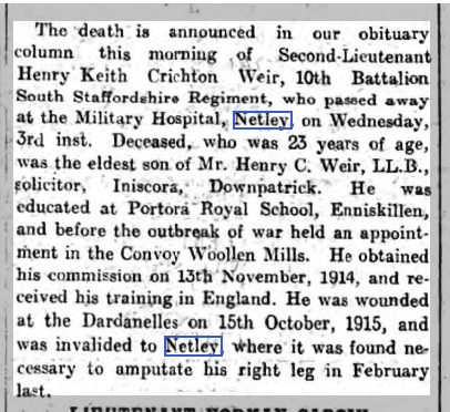 Postscript to article dated 28/02/1916 above 2nd Lt H K Crichton Weir at Netley Hospital