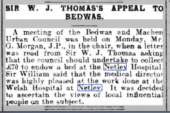 Appeal for funds to endow a bed at the Welsh Hospital