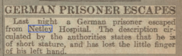 German Prisoner escapes from Netley Hospital