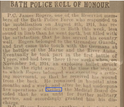 Bath Chronicle + Gazette 08/01/1916 PC James Rogers at Netley Hospital 1916