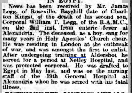 Gloucestershire Echo 12/01/1916 Corporal Wm T Legg at Netley Hospital 1916