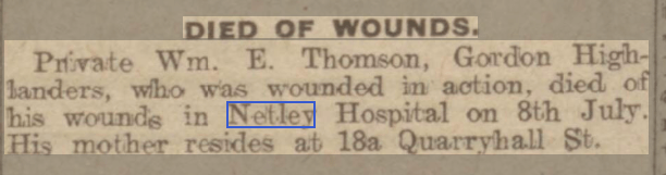 Private William E Thomson at Netley Hospital July 1916
