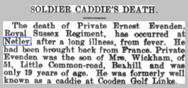 Pte E Evenden - at Netley Hospital September 1916