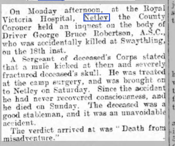 Inquest at Netley into death of G B Robertson