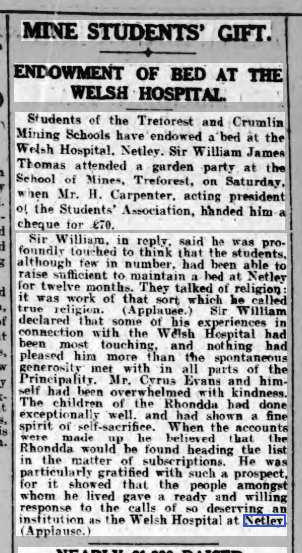 Endowment of a Bed for the Welsh Hospital