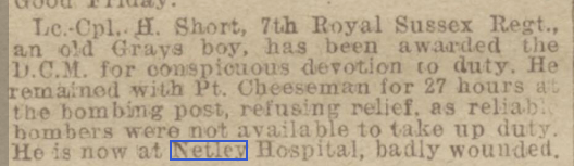 L-Cpl Short at Netley Hospital April 1916