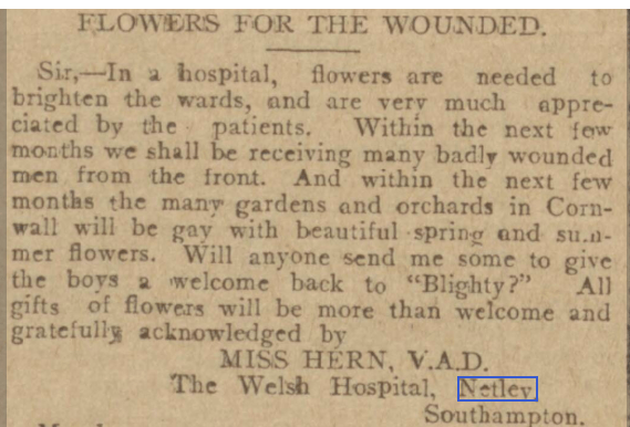 Flowers for the wounded at Netley Hospital