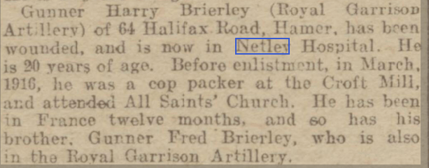 Gunner Brierley at Netley Hospital 1917