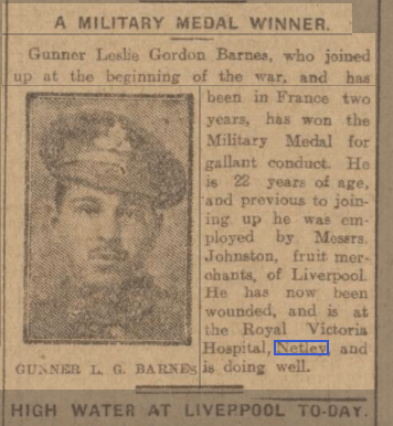 Gunner Barnes wounded in Netley Hospital