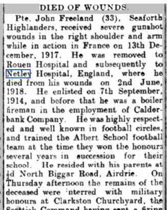 Private Freeland at Netley Hospital in 1918