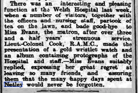Miss Evans, Matron of the Welsh Hospital bids farewell
