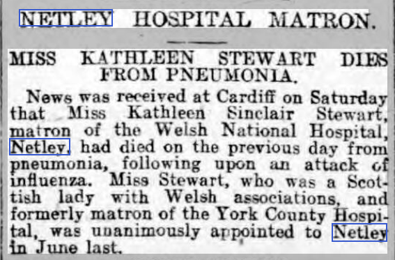 Miss Stewart, Matron of the Welsh Hospital Netley
