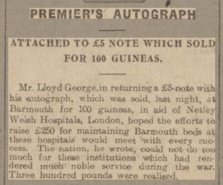 Lloyd George Autograph sold in aid of Welsh Hospital