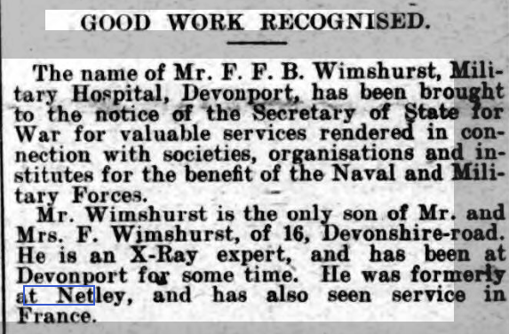 Wimshurst, X-ray Expert late of Netley Hospital