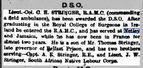 Lt-Col Stringer, RAMC Netley awarded the DSO