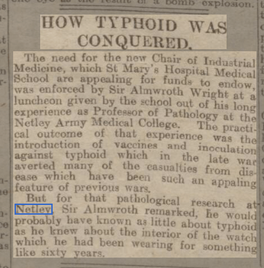 Sir Almroth Wright and Typhoid at Netley Hospital