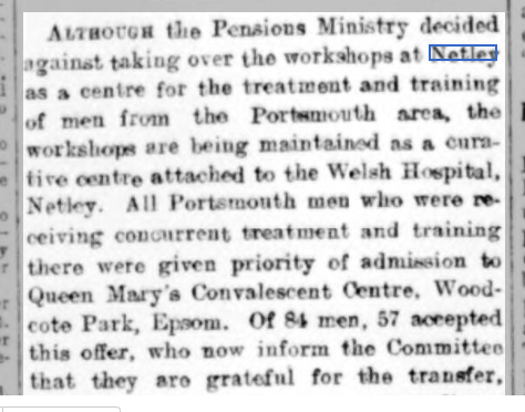 Welsh Hospital becomes a Curative Centre 1921