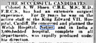 A W Sheen, late Welsh Hospital Netley awarded Professorship