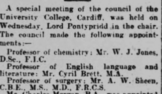 A W Sheen, late Welsh Hospital, Netley becomes Professor